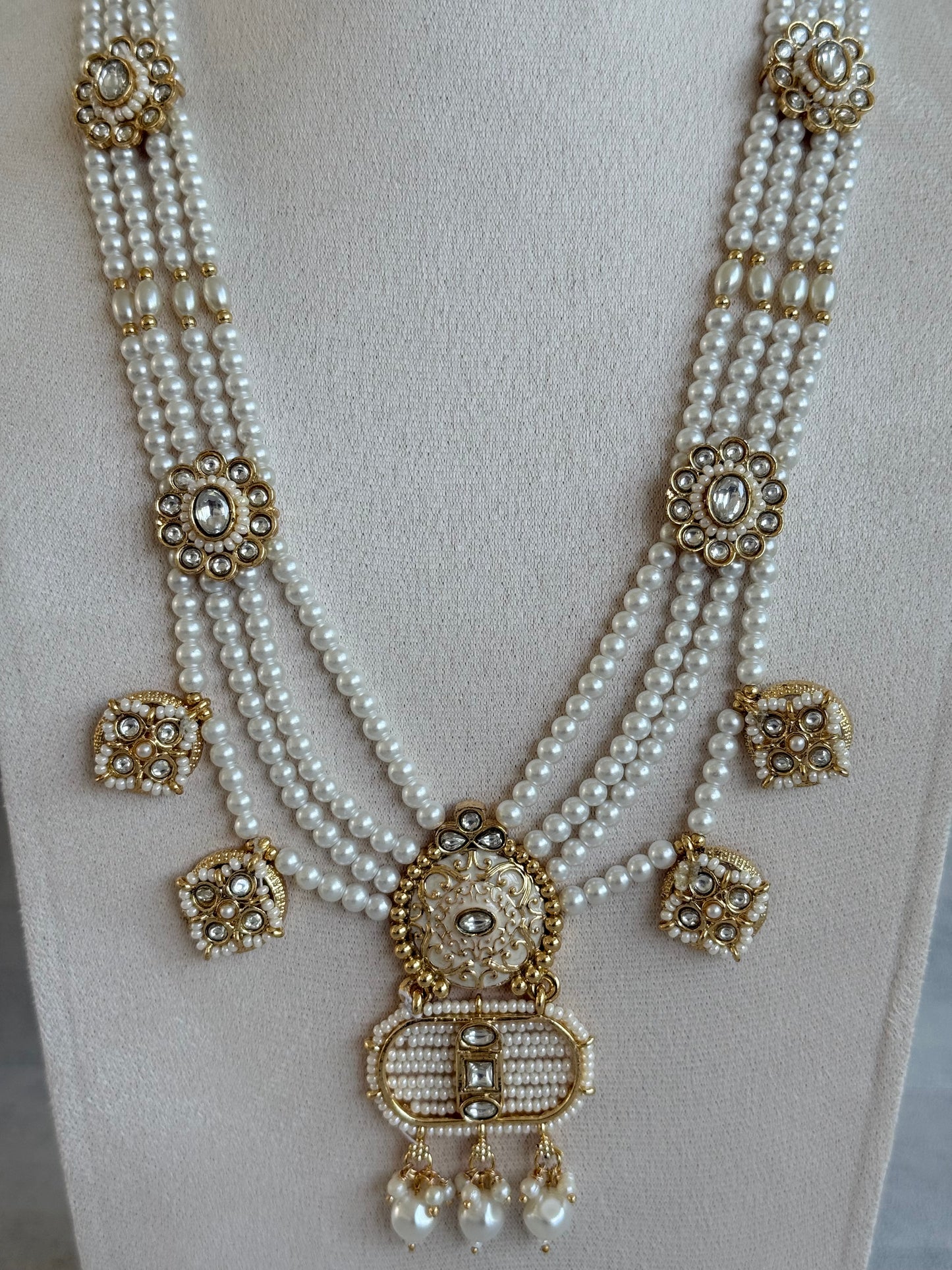 Ayura Designs Krisa Necklace Set with Earrings – Long Kundan Necklace with Pearl Strands & Gold Detailing