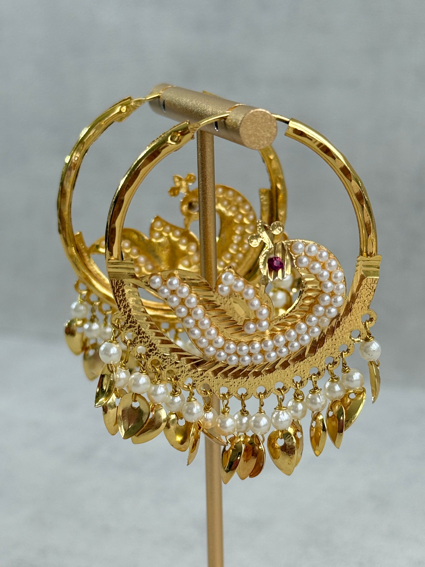Ayura Designs Hansi Balis – Peacock Design with Pearl & Pippal Patti Detailing in Gold Finish