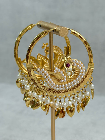 Ayura Designs Hansi Balis – Peacock Design with Pearl & Pippal Patti Detailing in Gold Finish