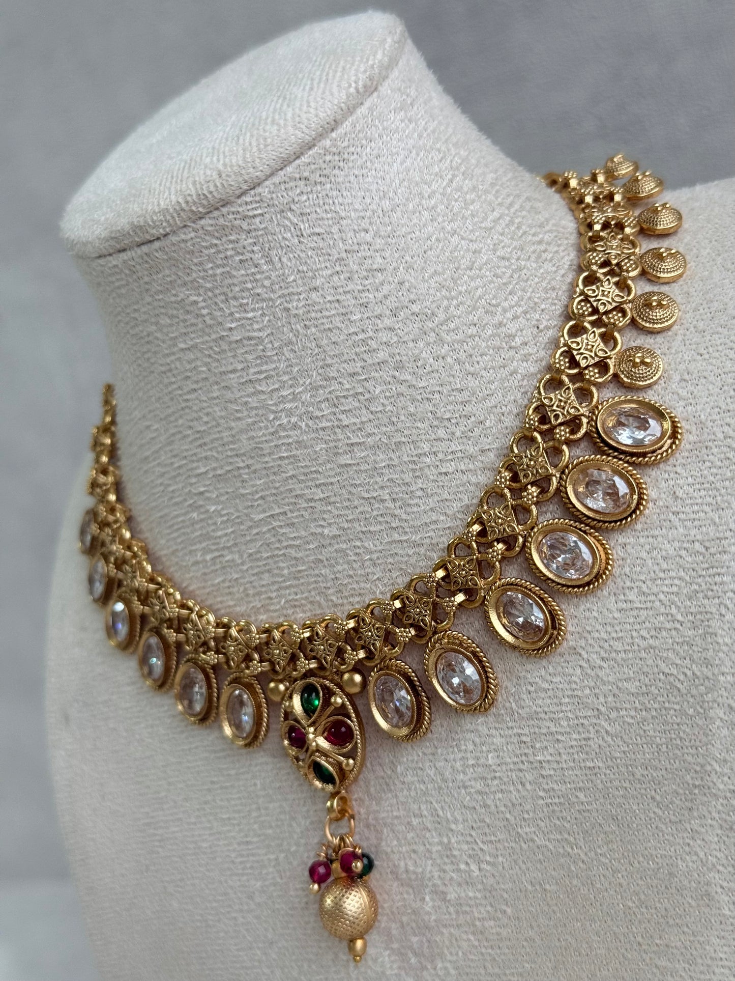 Ayura Designs Perniya Set with Necklace & Earrings – Mirror-Cut Stones with Multicolour Accents in Antique Gold Finish