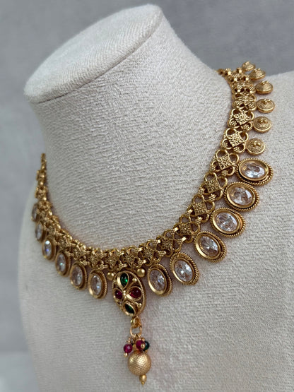 Ayura Designs Perniya Set with Necklace & Earrings – Mirror-Cut Stones with Multicolour Accents in Antique Gold Finish