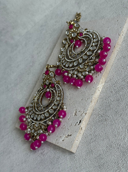 Ayura Designs Rabia Chandbalis – Antique Gold Kundan Earrings with Fuchsia Beads, Pearls & Attached Sahare