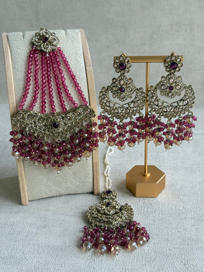 Ayura Designs Dilnaz Necklace Set with Earrings, Tikka & Passa – Berry Pink & Champagne Crystal Beads & Antique Gold Finish