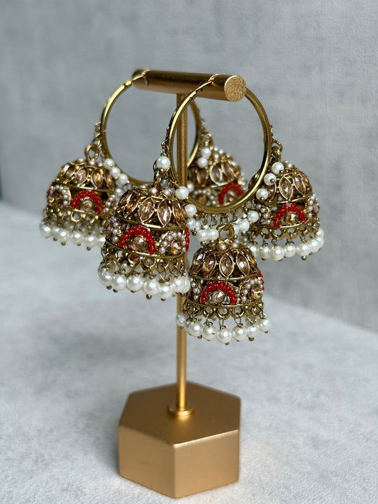 Ayura Designs Nakhra Balis – Orange Triple Dome Earrings with Mirror-Cut Stones & Pearl Detailing