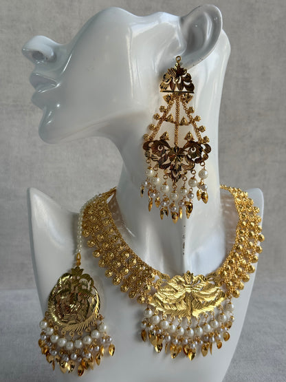 Ayura Designs Jasira Necklace Set with Earrings & Tikka – Pippal Patti Design with Swan & Peacock Motifs, Ivory Pearls & Gold Finish