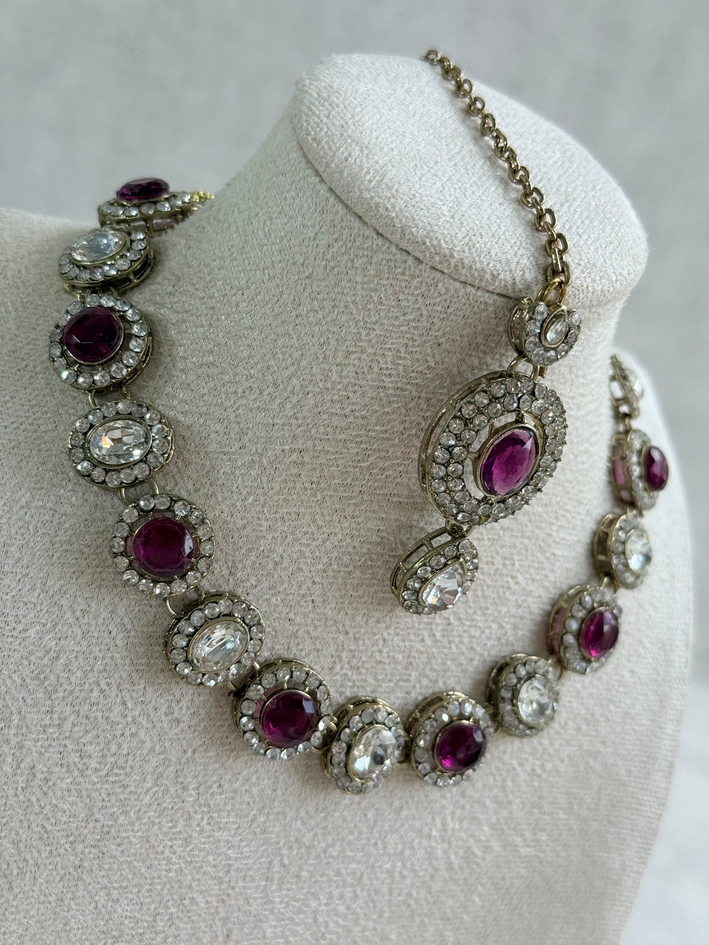 Ayura Designs Eira Necklace Set with Earrings & Tikka – Plum & Crystal Stones with Antique Gold Finish