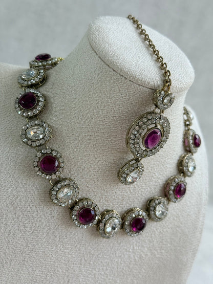 Ayura Designs Eira Necklace Set with Earrings & Tikka – Plum & Crystal Stones with Antique Gold Finish