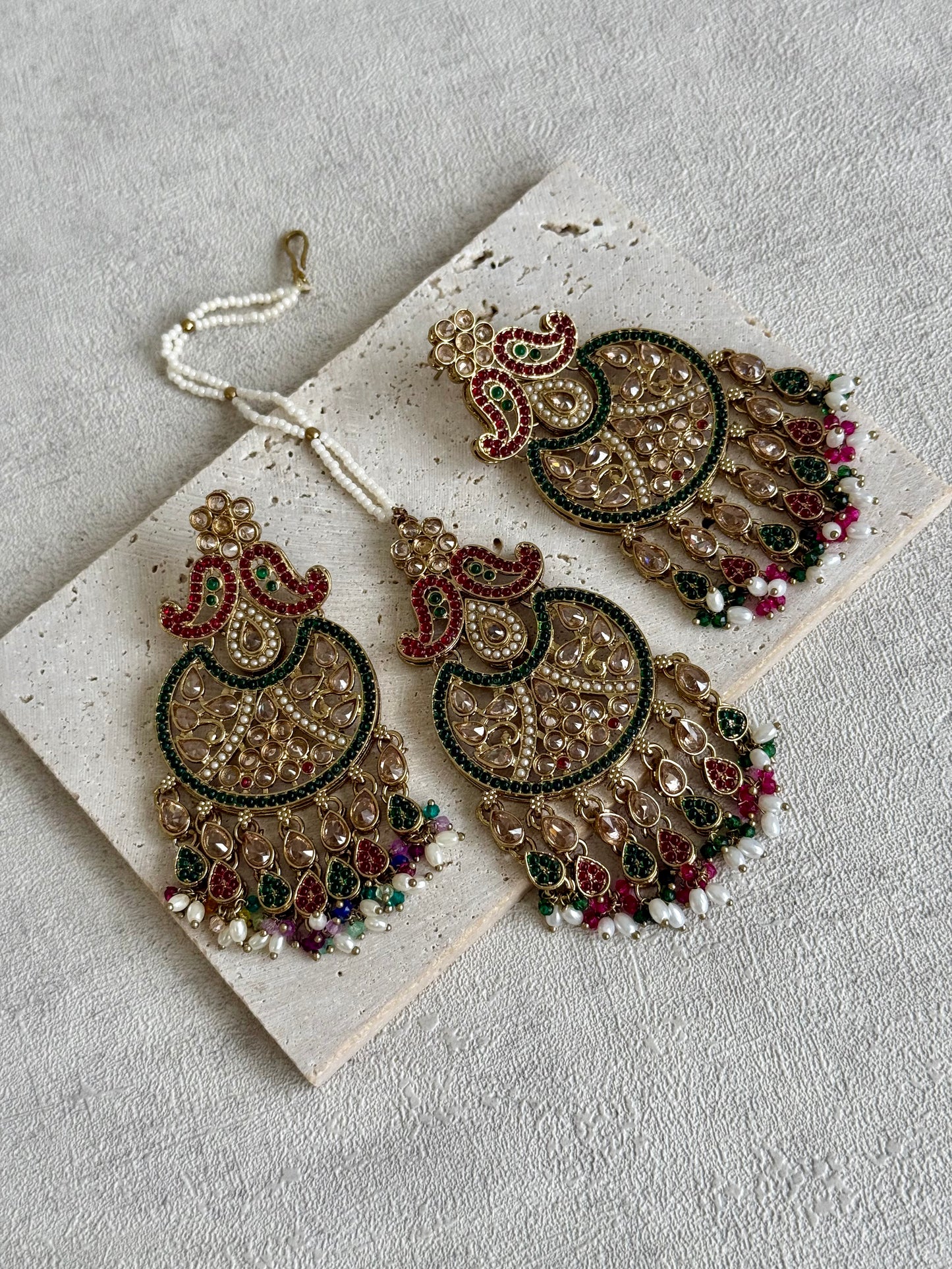 Ayura Designs Anvi Tikka Set with Earrings – Ruby Red & Emerald Green with Champagne Stones