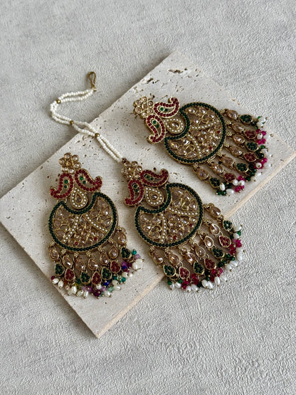 Ayura Designs Anvi Tikka Set with Earrings – Ruby Red & Emerald Green with Champagne Stones