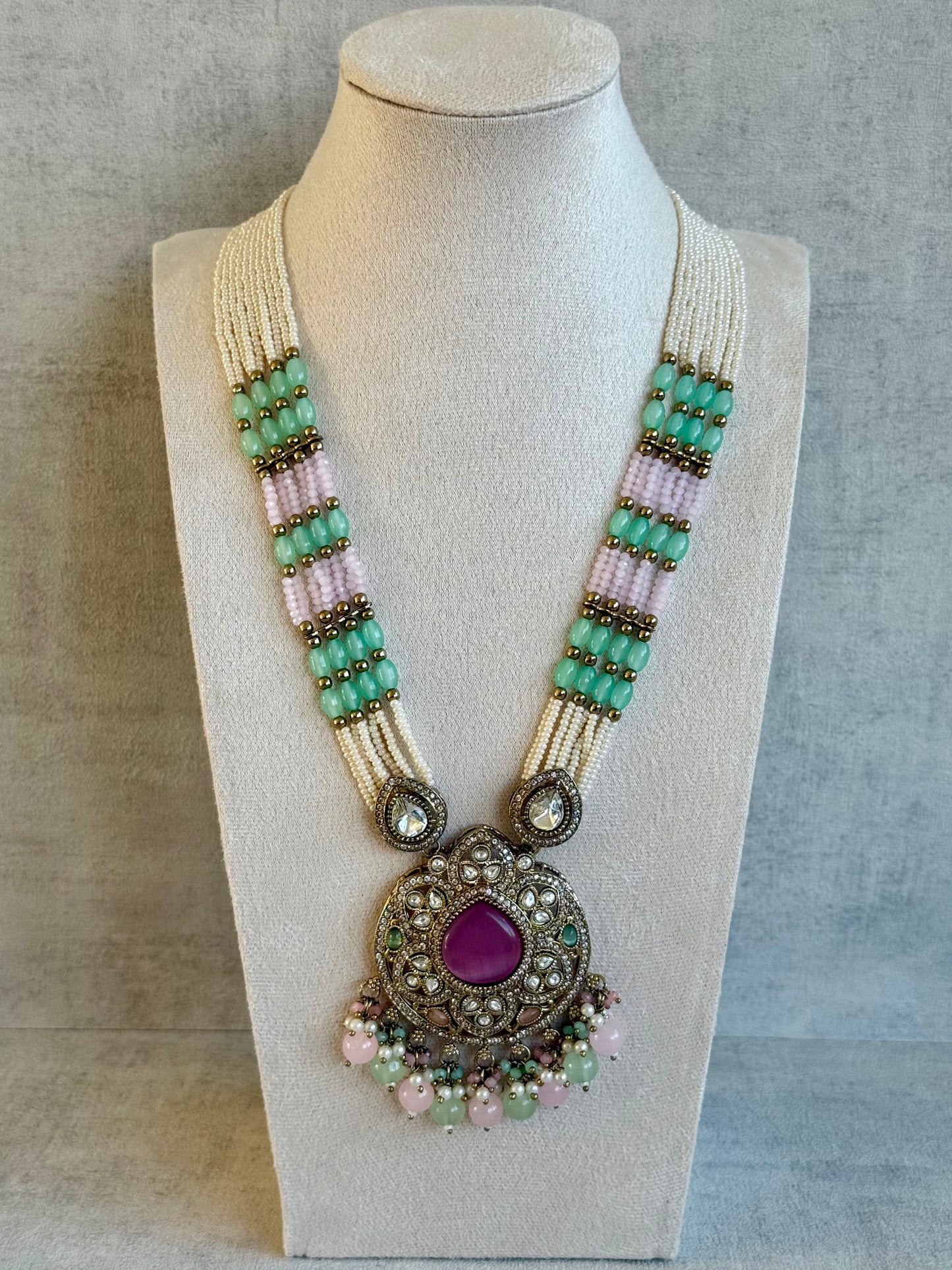 Ayura Designs Brielle Set – Necklace & Jhumkis with Mirror-Cut Stones in Berry Pink, Mint Green & Ivory