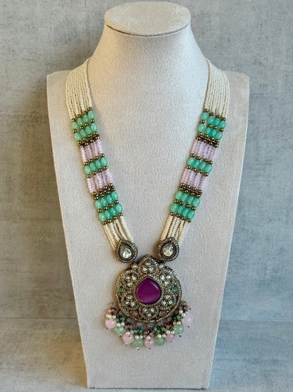 Ayura Designs Brielle Set – Necklace & Jhumkis with Mirror-Cut Stones in Berry Pink, Mint Green & Ivory