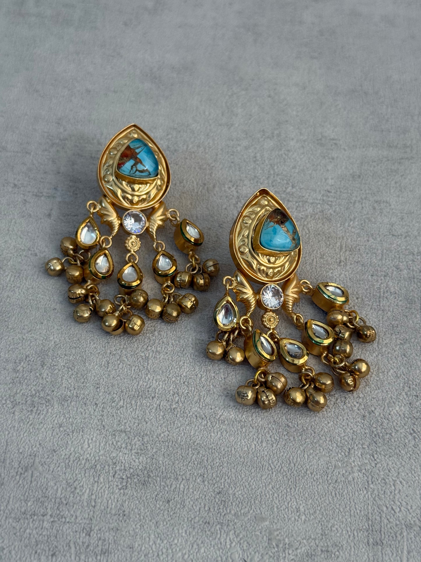 Ayura Designs Arheer Earrings – Turquoise Marble with Kundan Detailing & Antique Gold Ghungroos