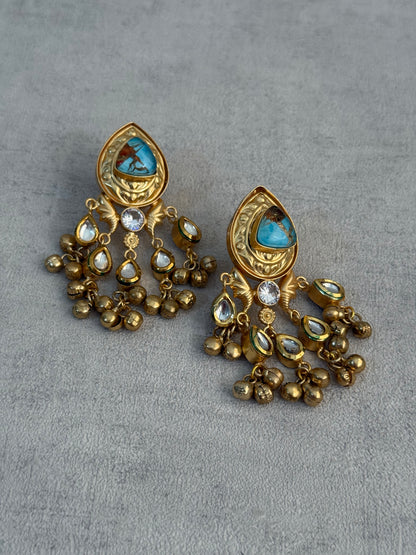Ayura Designs Arheer Earrings – Turquoise Marble with Kundan Detailing & Antique Gold Ghungroos