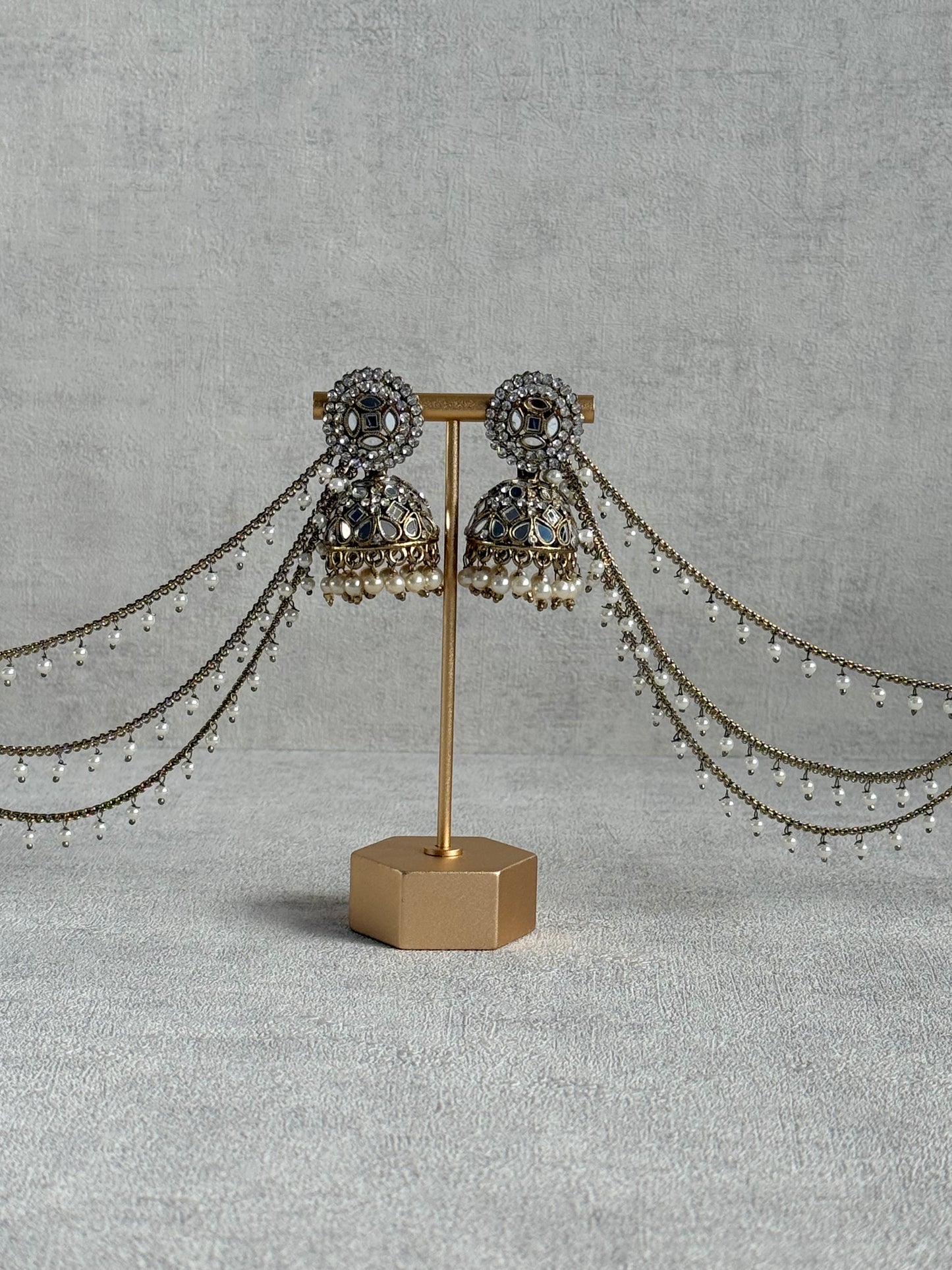 Ayura Designs Aaina Jhumkis – Antique Gold Mirror & Crystal Earrings with Detachable Triple-Layer Pearl Sahare