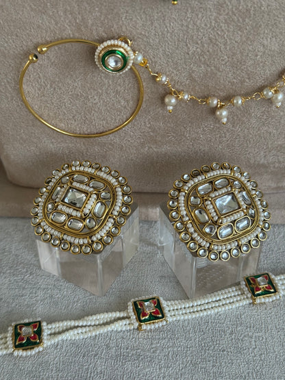 Ayura Designs Malika Bridal Set with Necklace, Jhumkis, Tikka, Nath, Ring & Sheeshphool – Jadau Kundan Craftsmanship with Mirror-Cut Polki, Emerald Green Drops, Ruby Accents & Antique Gold Finish