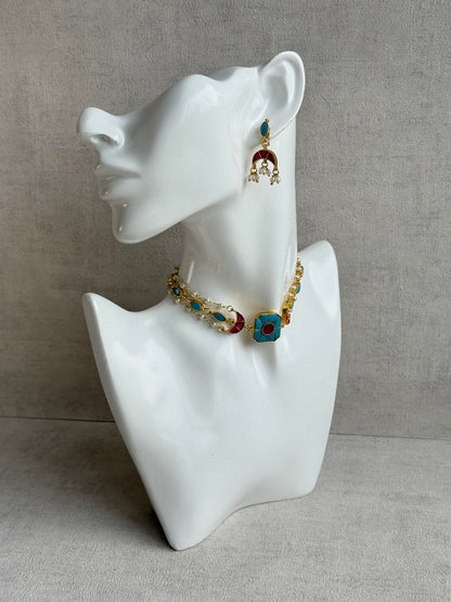 Ayura Designs Mahi Choker Set with Earrings – Meenakari Kundan Turquoise Blue & Hot Pink Detailing