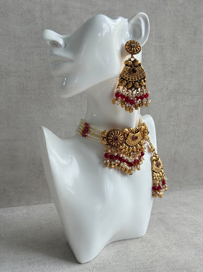Ayura Designs Sairish Choker Set with Earrings & Tikka – Ruby Pink Beads, Pearl Detailing, Ghungroos, Paisley Motifs & Antique Gold Finish
