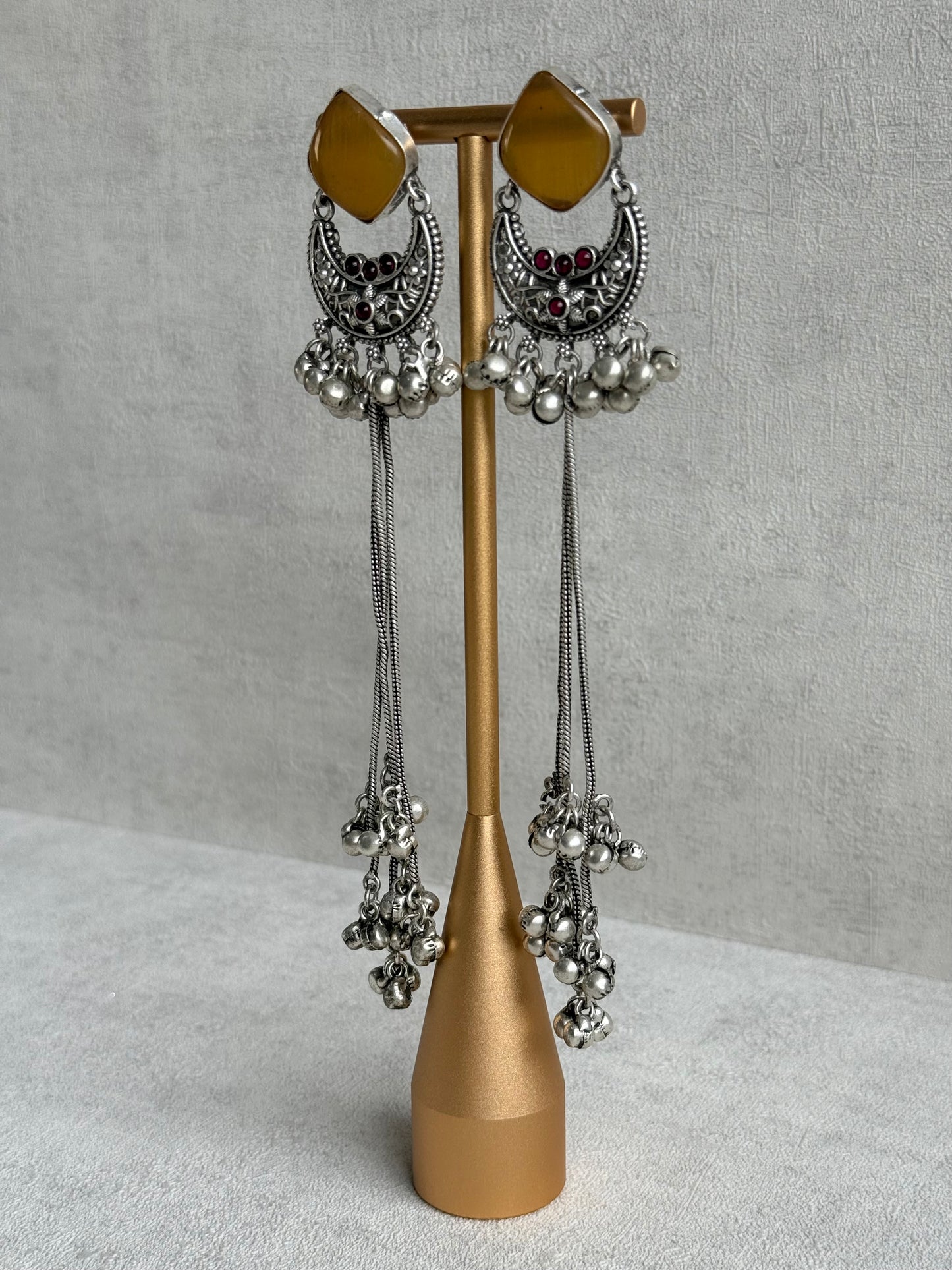 Ayura Designs Zarfa Earrings – Oxidised Earrings with Amber Stones, Hanging Ghungroo Chains & Crescent Detailing