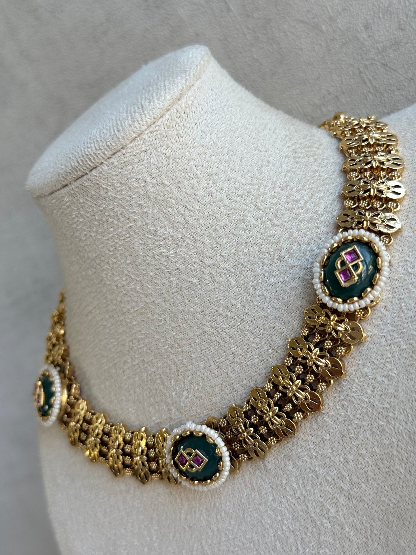 Ayura Designs Lajita Necklace Set with Stud Earrings – Emerald Green & Rani Pink with Pearl & Statement Floral Link Design