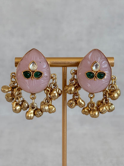 Ayura Designs Aykai Earrings – Baby Pink Carved Teardrop Stud Earrings with Clear Kundan Stones and Gold Ghungroo Drops
