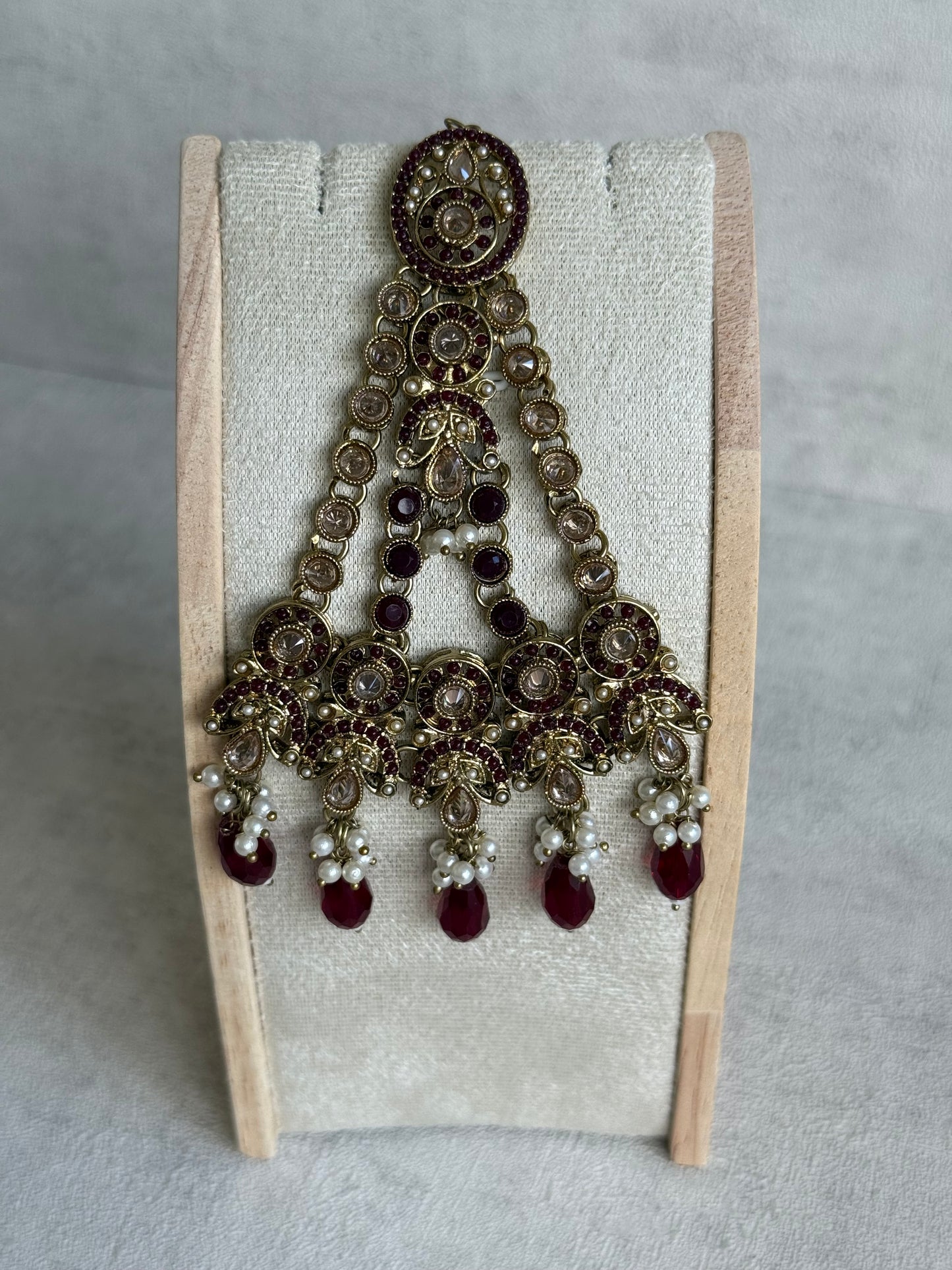 Ayura Designs Almas Tikka Set with Earrings, Tikka & Sahara – Deep Maroon Beads & Antique Gold Finish