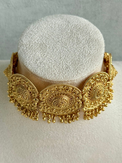 Ayura Designs Rami Choker Set with Earrings & Tikka – Antique Gold Medallions with Ghungroo Drops