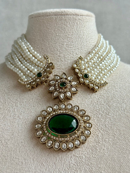 Ayura Designs Amaya Necklace Set with Studs – Antique Finish in Emerald Green Stones with Pearl Strands