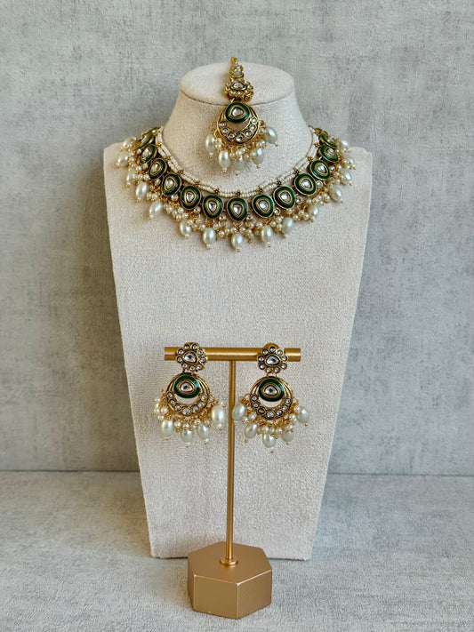 Ayura Designs Orhan Set with Earrings & Tikka – Mirror-Cut Kundan Stones, Green Enamel, Pearl Drops