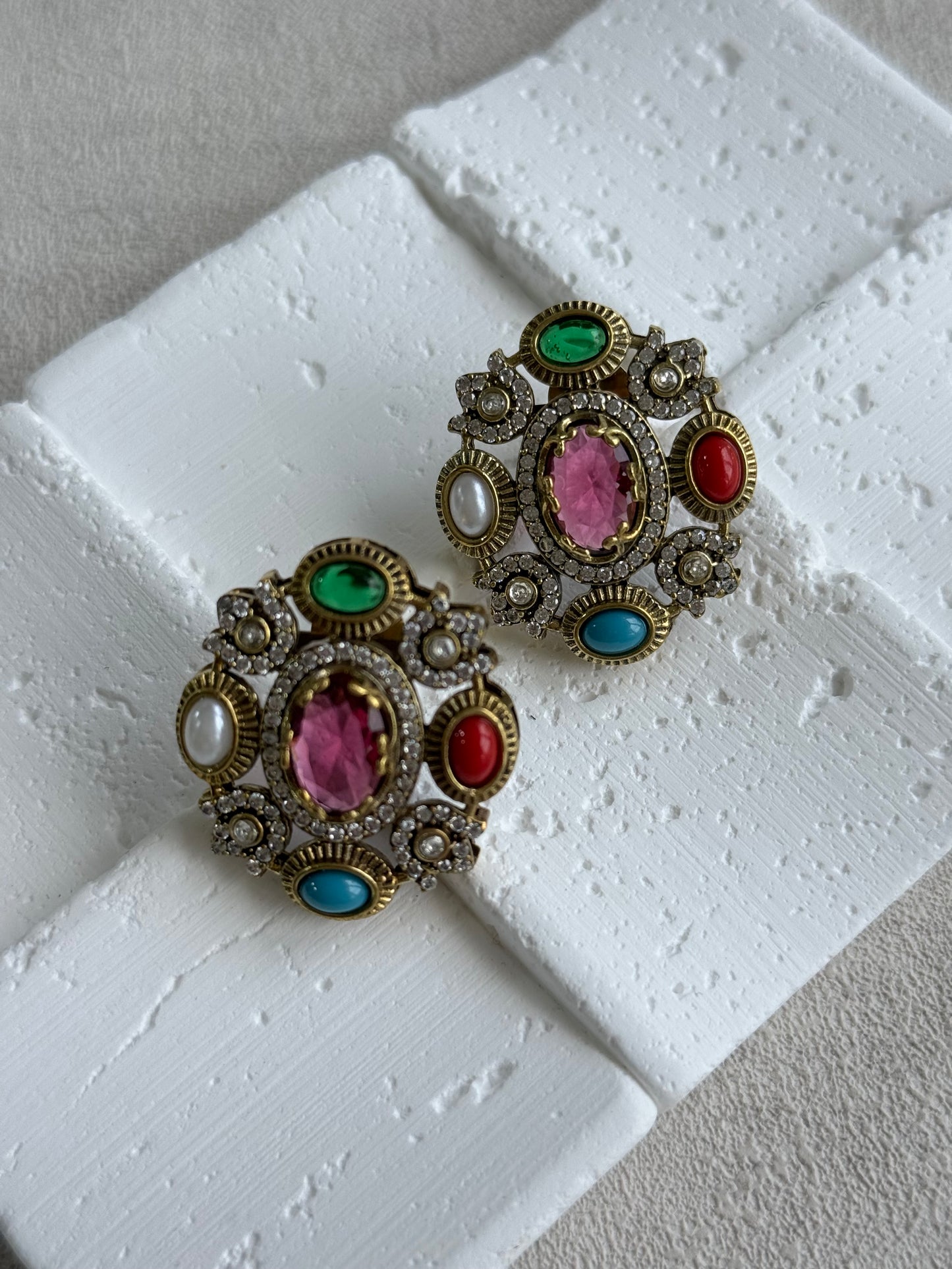 Ayura Designs Celia Stud Earrings – Rani Pink & Multicolour Stones with Gold Finish