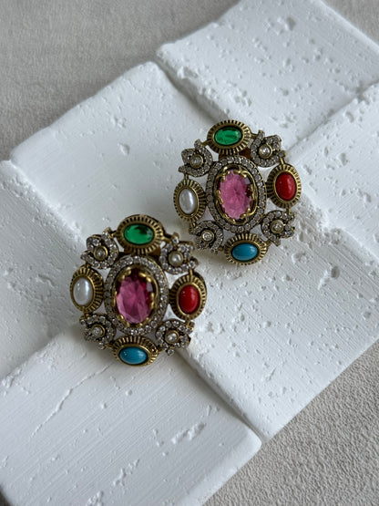 Ayura Designs Celia Stud Earrings – Rani Pink & Multicolour Stones with Gold Finish