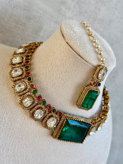 Ayura Designs Clara Set with Earrings & Tikka Emerald Green Moissanite Stones and Antique Gold Finish