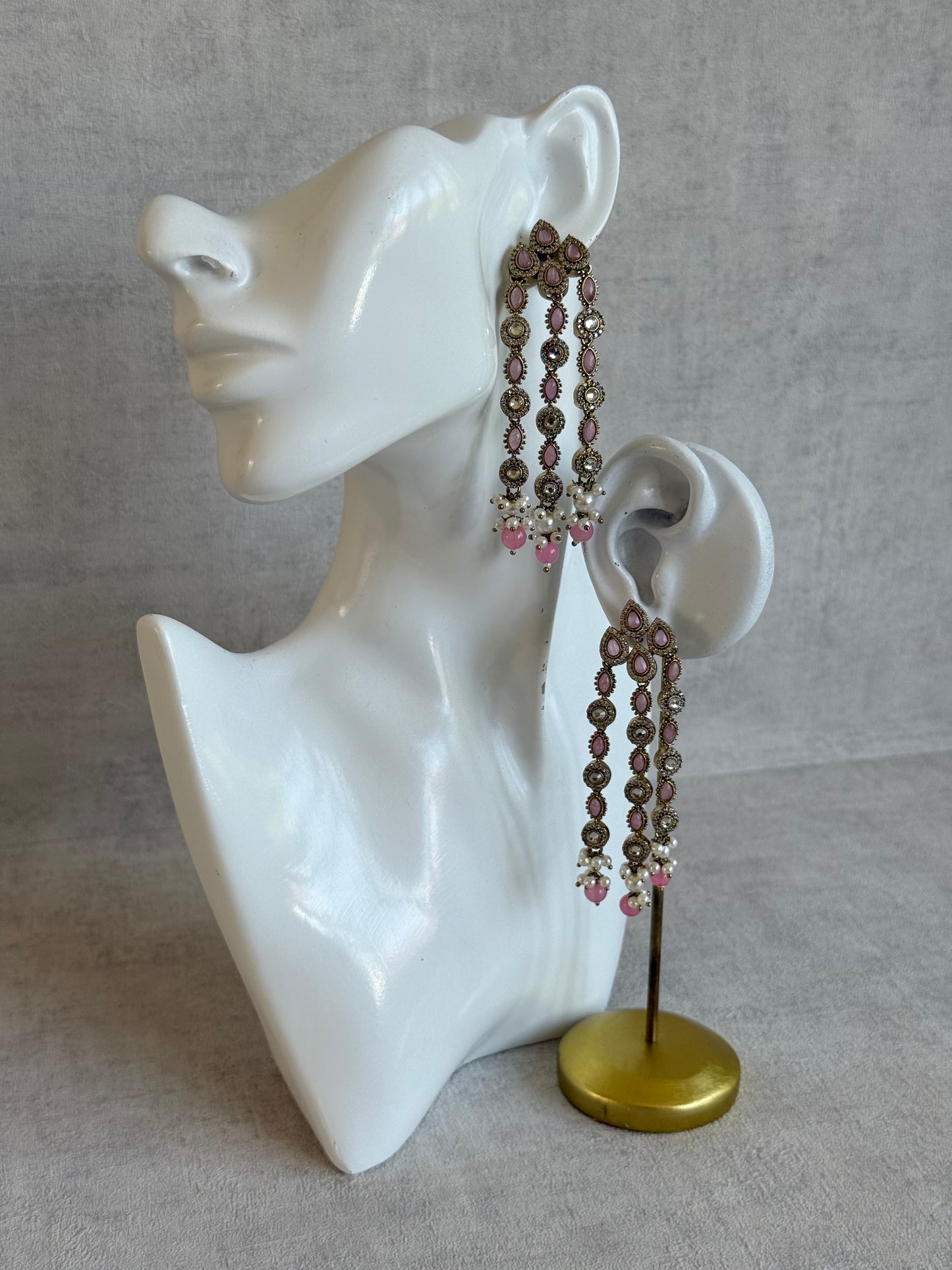 Ayura Designs Emilia Earrings – Gold Triple Strand Statement Earrings with Blush Pink Stones & Pearl Drops