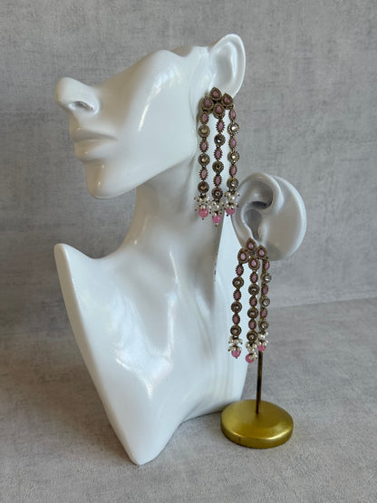 Ayura Designs Emilia Earrings – Gold Triple Strand Statement Earrings with Blush Pink Stones & Pearl Drops
