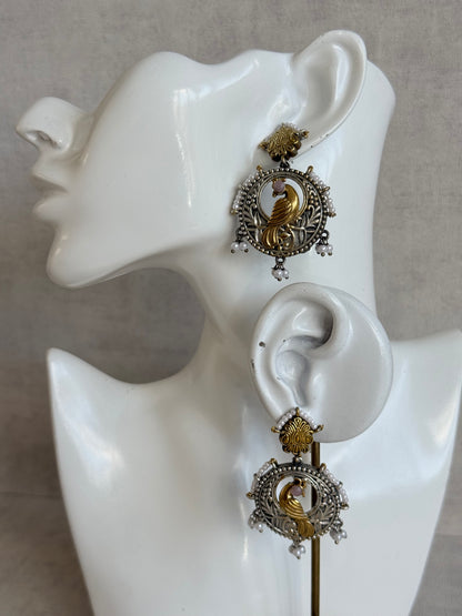 Ayura Designs Dilara Earrings – Oxidised Peacock Earrings with Pearl Detailing & Dual Tone Finish