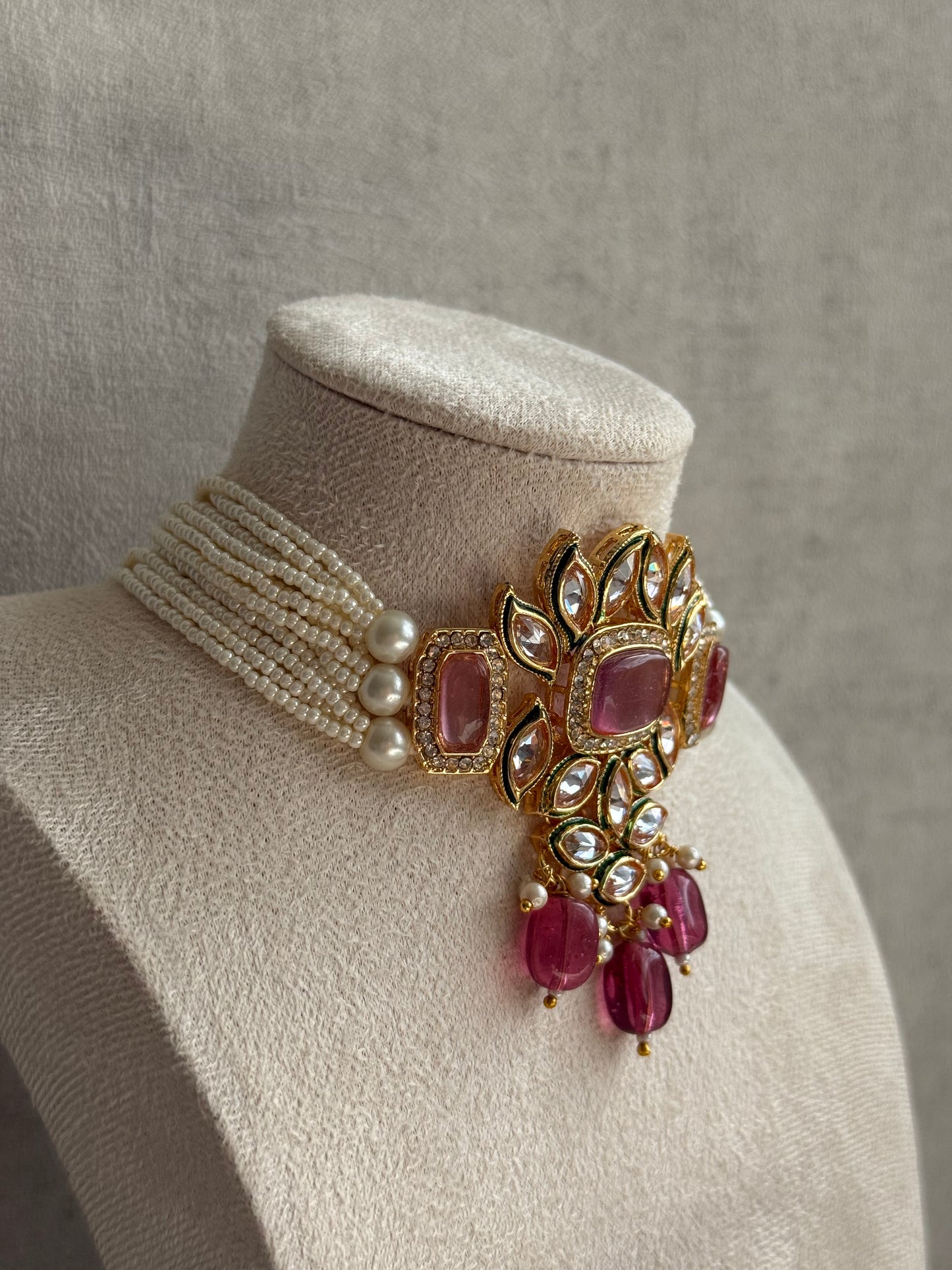 Ayura Designs Raaz Set with Necklace & Earrings – Berry Pink Stones, Kundan Detailing & Antique Gold Finish