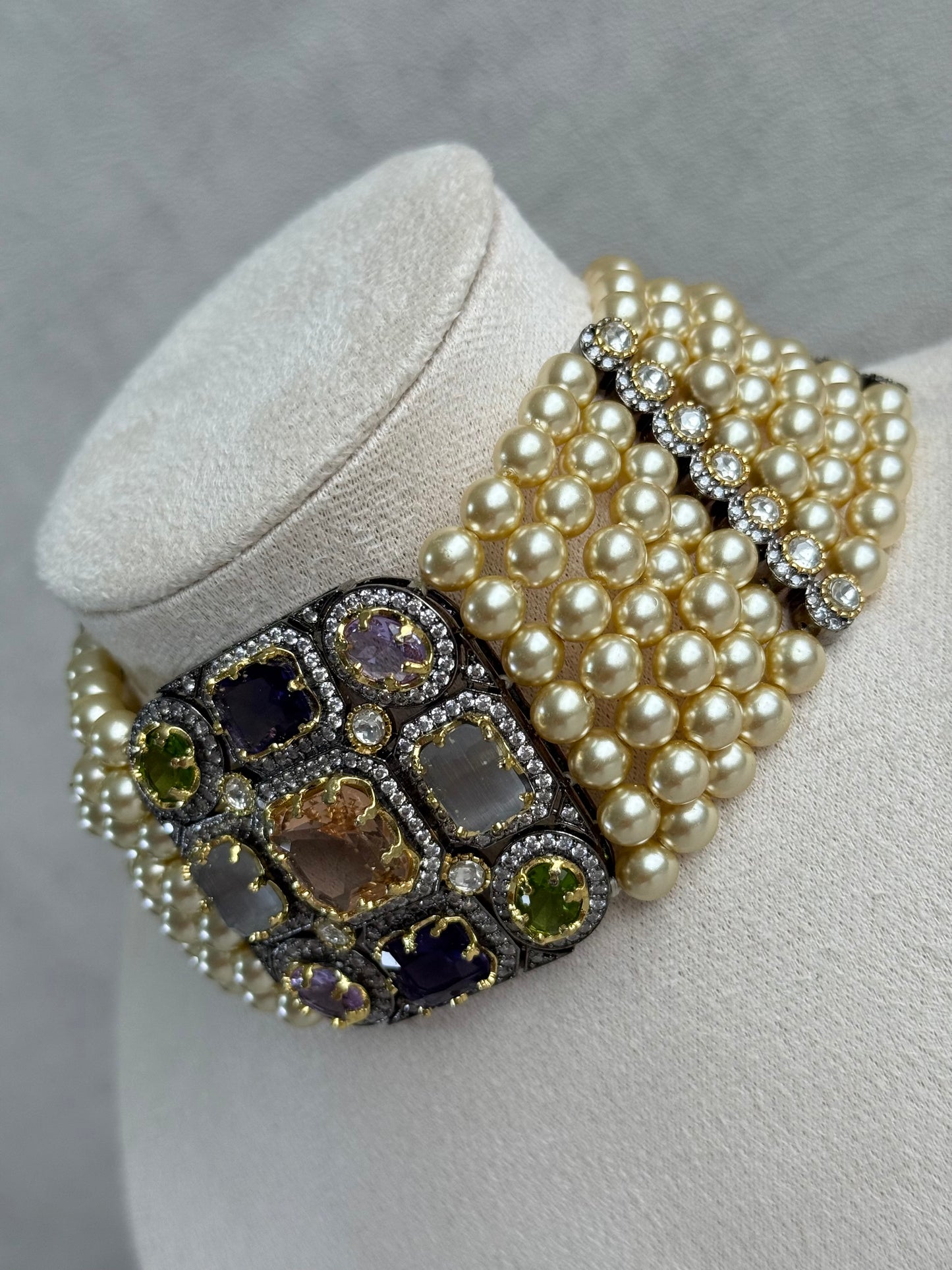 Ayura Designs Amelia Choker Set with Earrings – Moissanite Stonework with Layered Pearls in Antique Silver Finish (Soft Pastel Mix)