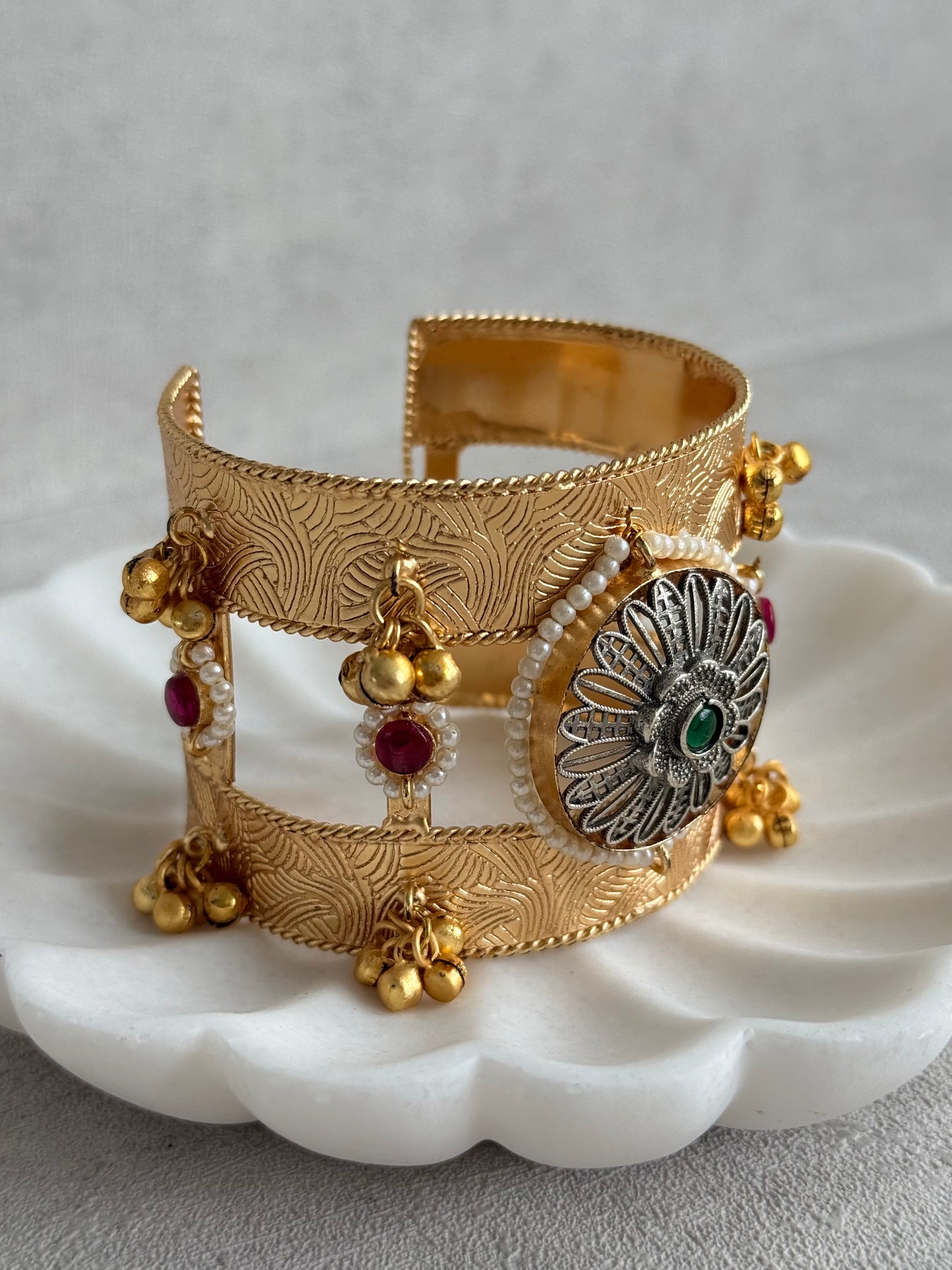 Ayura Designs Omita Adjustable Kashmiri Cuff Bracelet – Floral Medallion with Pearl, Ruby & Emerald Detailing