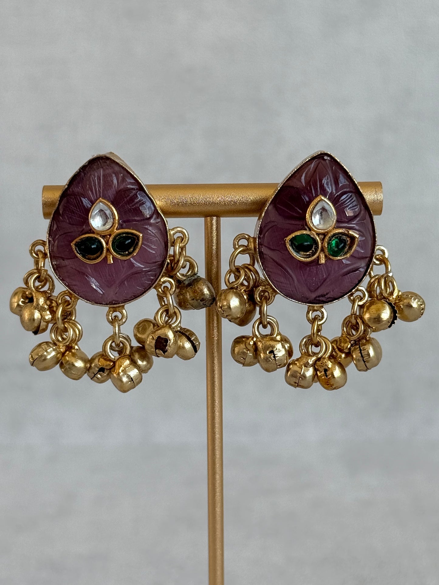 Ayura Designs Aykai Earrings – Plum Carved Teardrop Stud Earrings with Clear Kundan Stones and Gold Ghungroo Drops