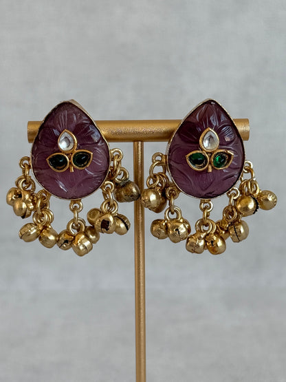 Ayura Designs Aykai Earrings – Plum Carved Teardrop Stud Earrings with Clear Kundan Stones and Gold Ghungroo Drops