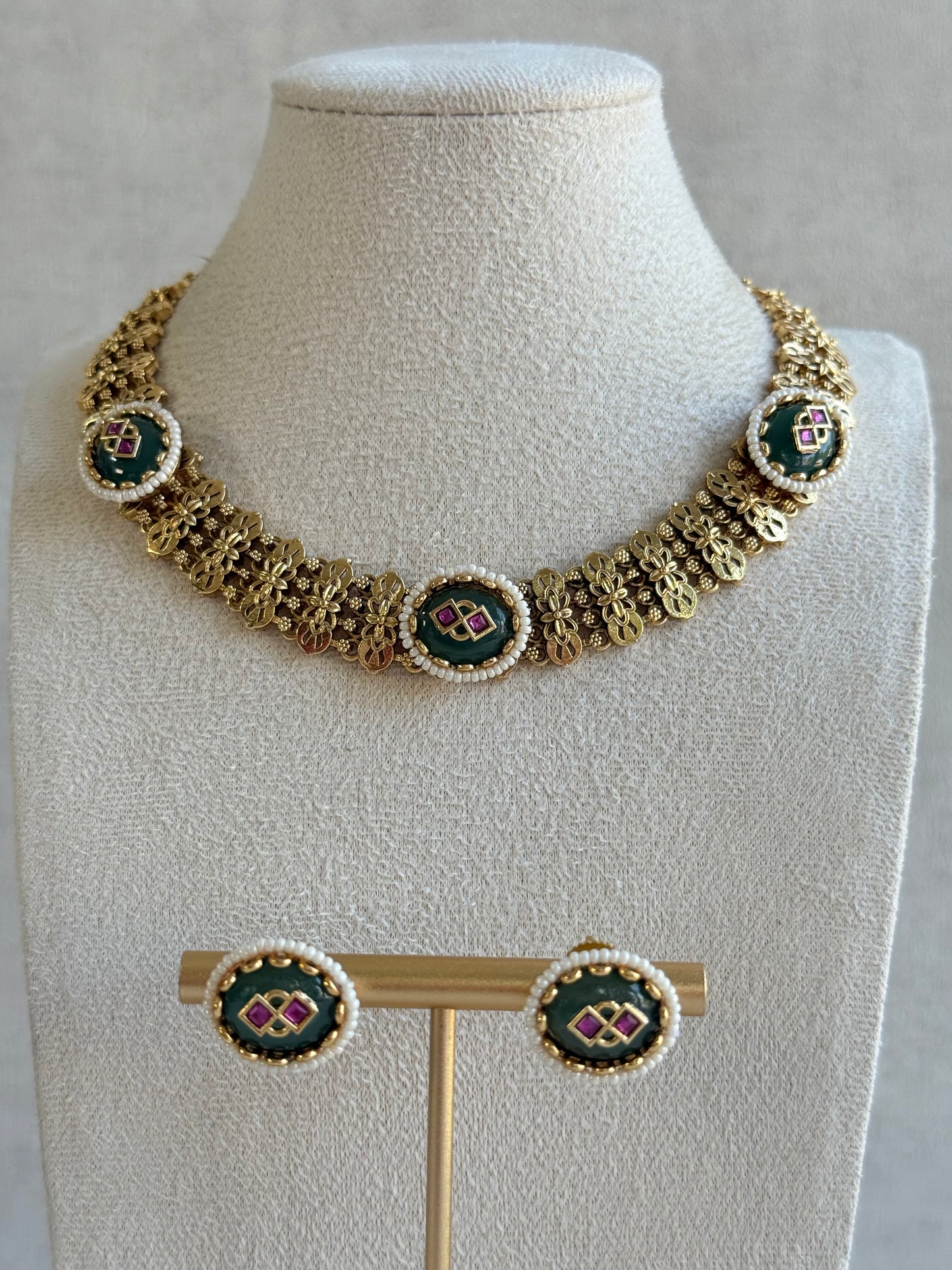 Ayura Designs Lajita Necklace Set with Stud Earrings – Emerald Green & Rani Pink with Pearl & Statement Floral Link Design