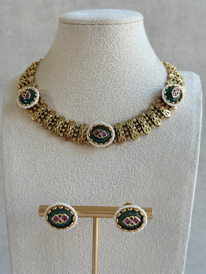 Ayura Designs Lajita Necklace Set with Stud Earrings – Emerald Green & Rani Pink with Pearl & Statement Floral Link Design