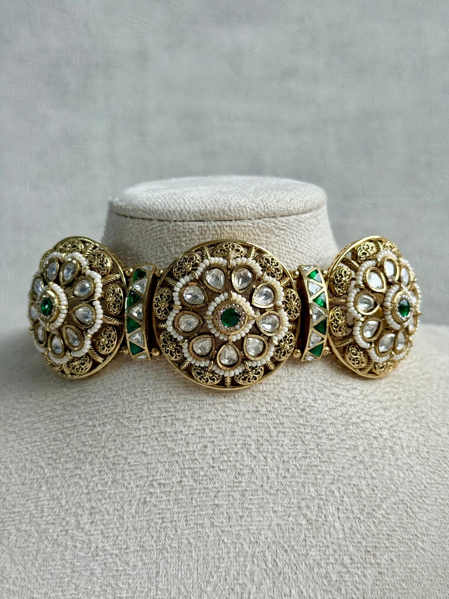 Ayura Designs Tanu Choker Set – Antique Gold Choker & Jhumkis with Ruby & Emerald Kundan and Pearl Borders