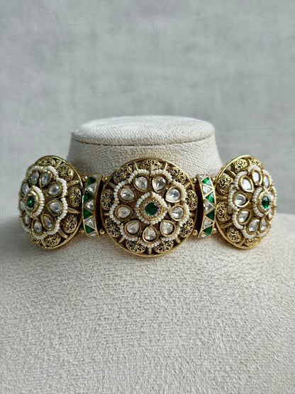 Ayura Designs Tanu Choker Set – Antique Gold Choker & Jhumkis with Ruby & Emerald Kundan and Pearl Borders