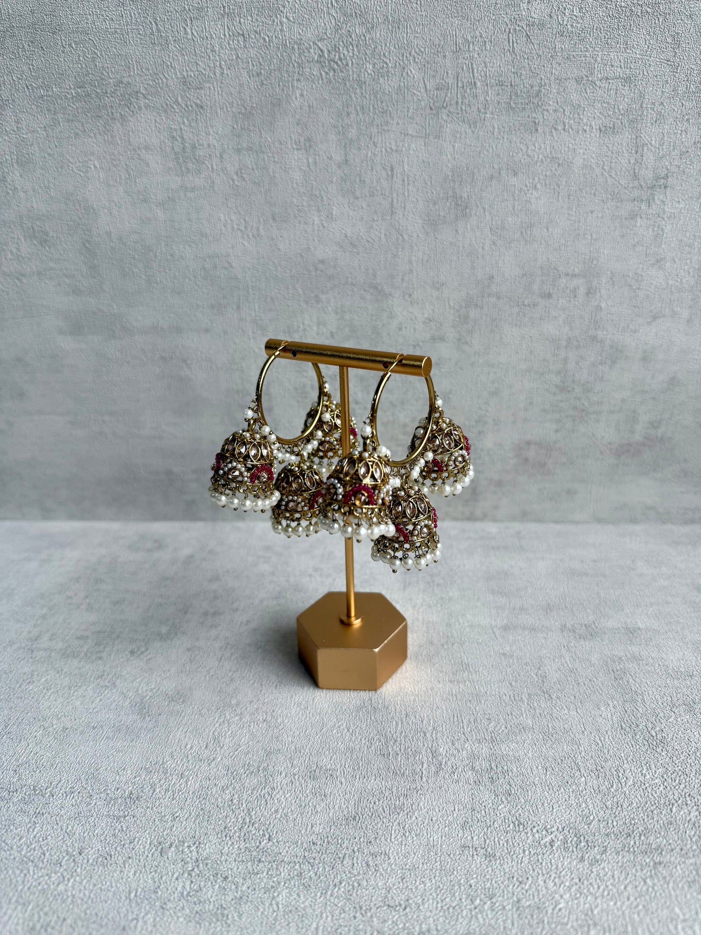 Ayura Designs Nakhra Balis – Fuchsia Triple Dome Earrings with Pearl Clusters & Mirror-Cut Detailing