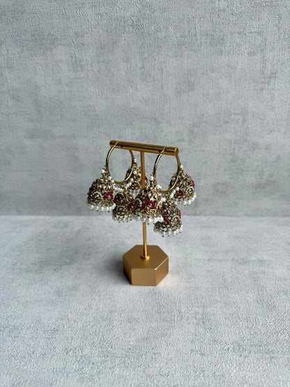 Ayura Designs Nakhra Balis – Fuchsia Triple Dome Earrings with Pearl Clusters & Mirror-Cut Detailing