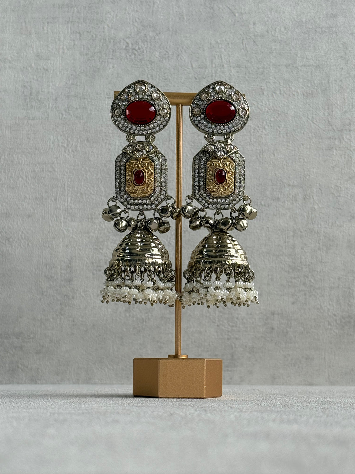 Ayura Designs Maara Jhumkis – Champagne Gold with Ruby Red Stones, Crystals, Ghungroos & Pearl Detailing