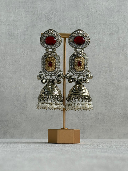 Ayura Designs Maara Jhumkis – Champagne Gold with Ruby Red Stones, Crystals, Ghungroos & Pearl Detailing