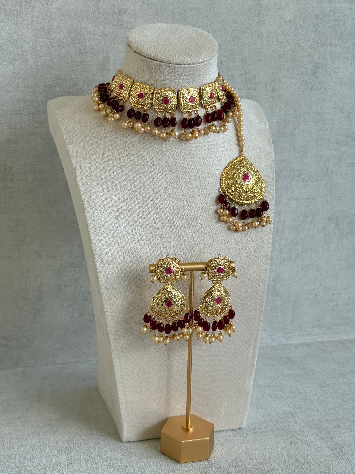 Ayura Designs Chetna Choker Set with Earrings & Tikka – Maroon Beads, Cream Pearl Drops with Pipal Patti Detailing