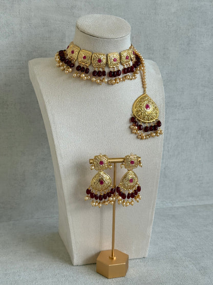 Ayura Designs Chetna Choker Set with Earrings & Tikka – Maroon Beads, Cream Pearl Drops with Pipal Patti Detailing