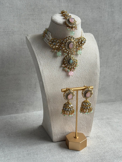 Ayura Designs Muskaan Set – Choker, Jhumkis & Tikka with Blush Pink & Mint Beads, Kundan Stones & Antique Gold Finish